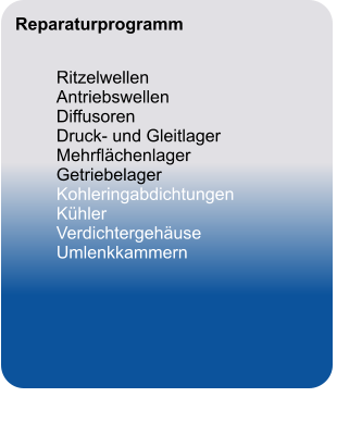 Reparaturprogramm		   	Ritzelwellen	 Antriebswellen	 Diffusoren	 Druck- und Gleitlager	 Mehrflächenlager	 Getriebelager	 Kohleringabdichtungen	 Kühler	 Verdichtergehäuse	 Umlenkkammern